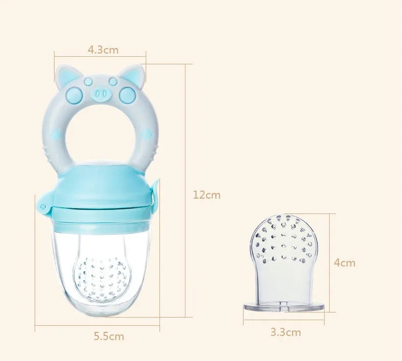 Silicone baby teether chew toy in blue, green, or pink colours with textured mouthpiece design