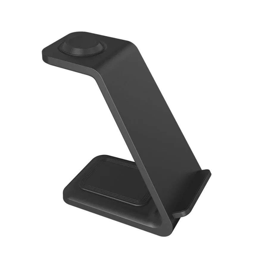 White upright wireless charging phone stand holding a mobile phone, with a black Type-C cable plugged in.
