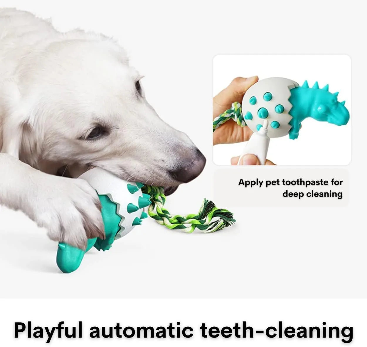 Blue dinosaur-shaped dog chew toy with rope and textured rubber surface.