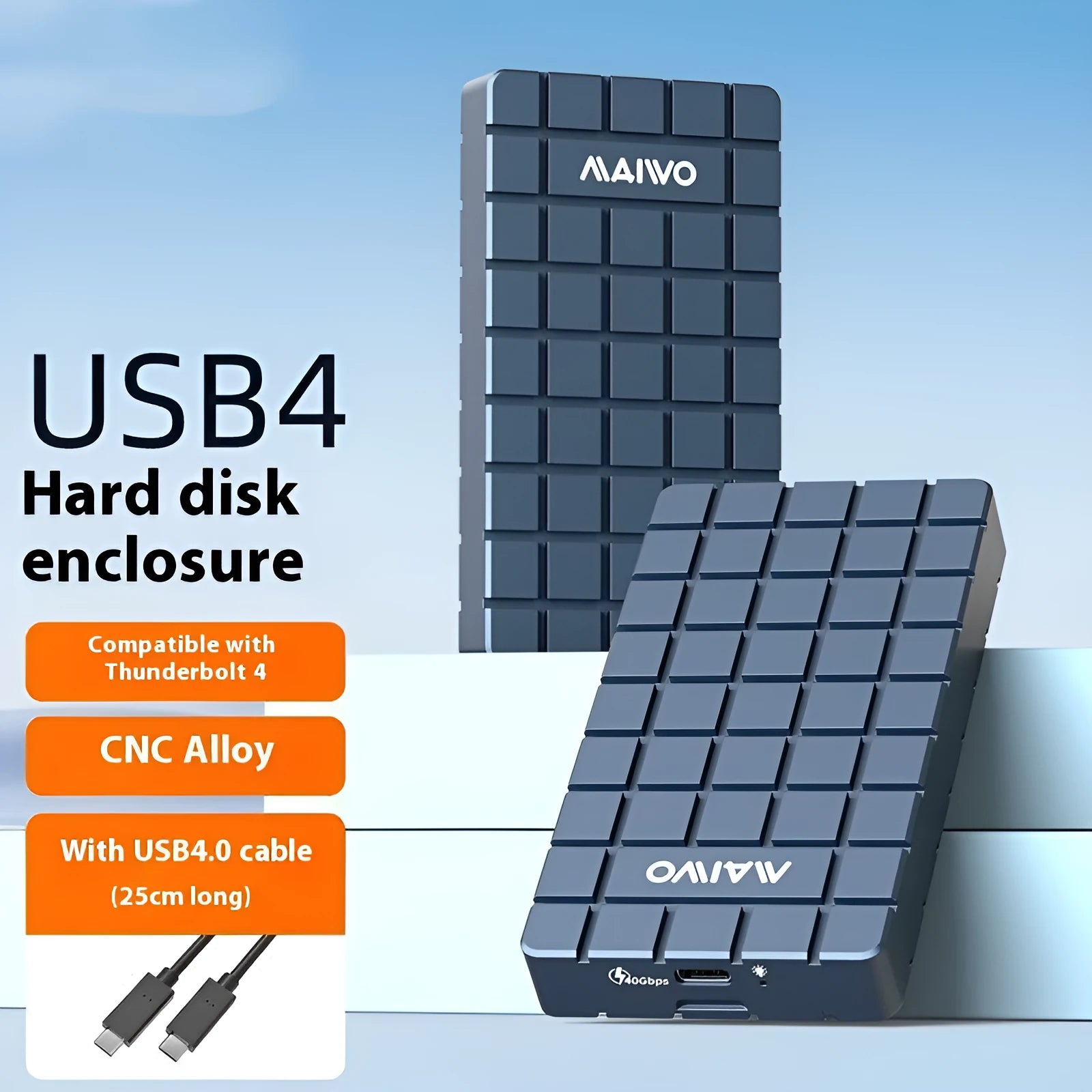 Aluminium USB4 hard disk box for solid state drives with compact 50mm design