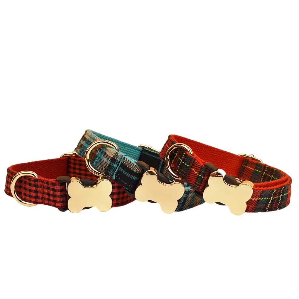 Flat nylon dog collar with grid pattern and bone-shaped buckle in multiple colour options