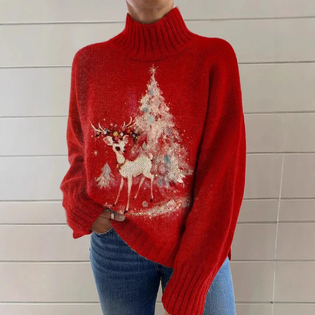 Women's Christmas printed turtleneck sweater with painting pattern in thick needle polyester fabric