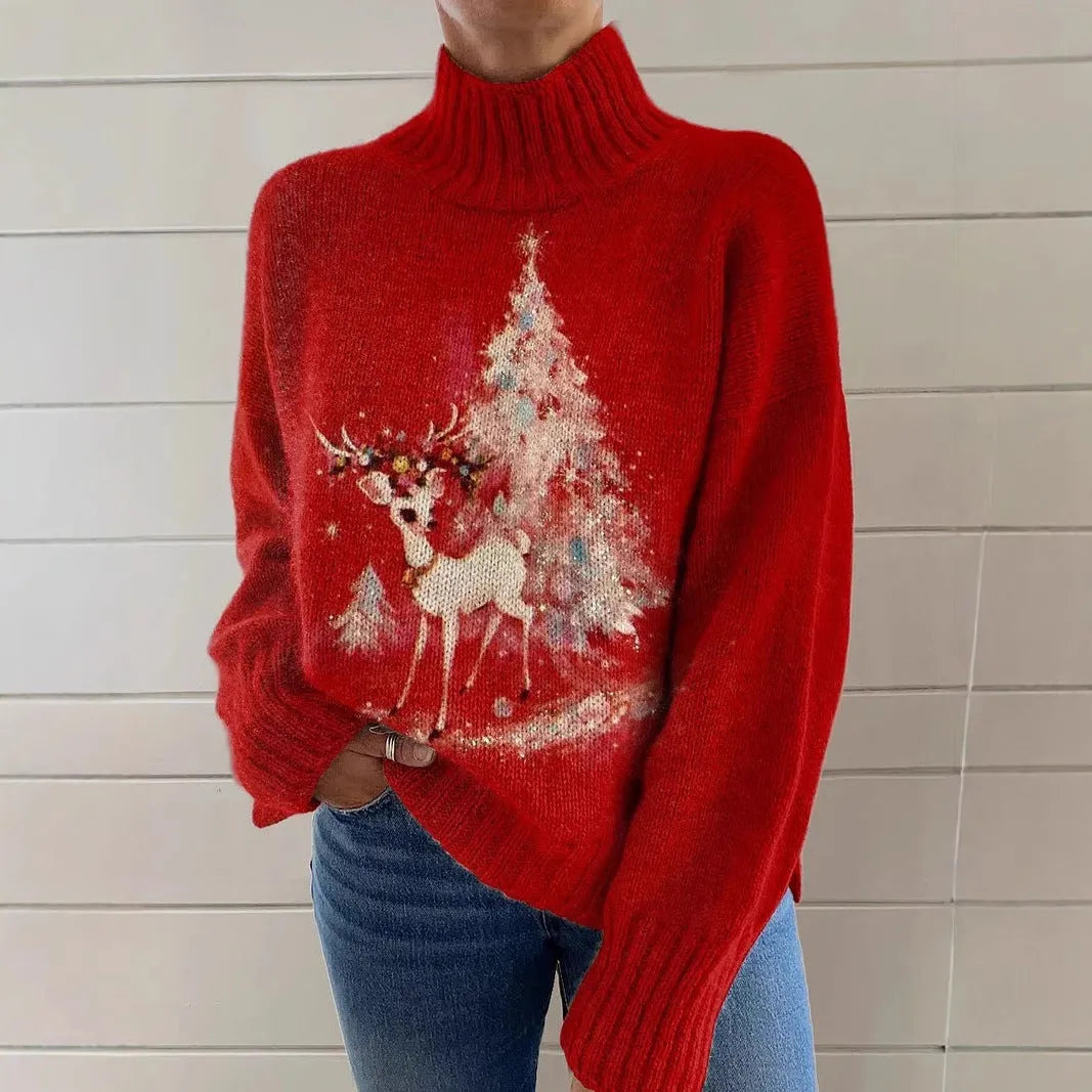 Women's Christmas printed turtleneck sweater with painting pattern in thick needle polyester fabric