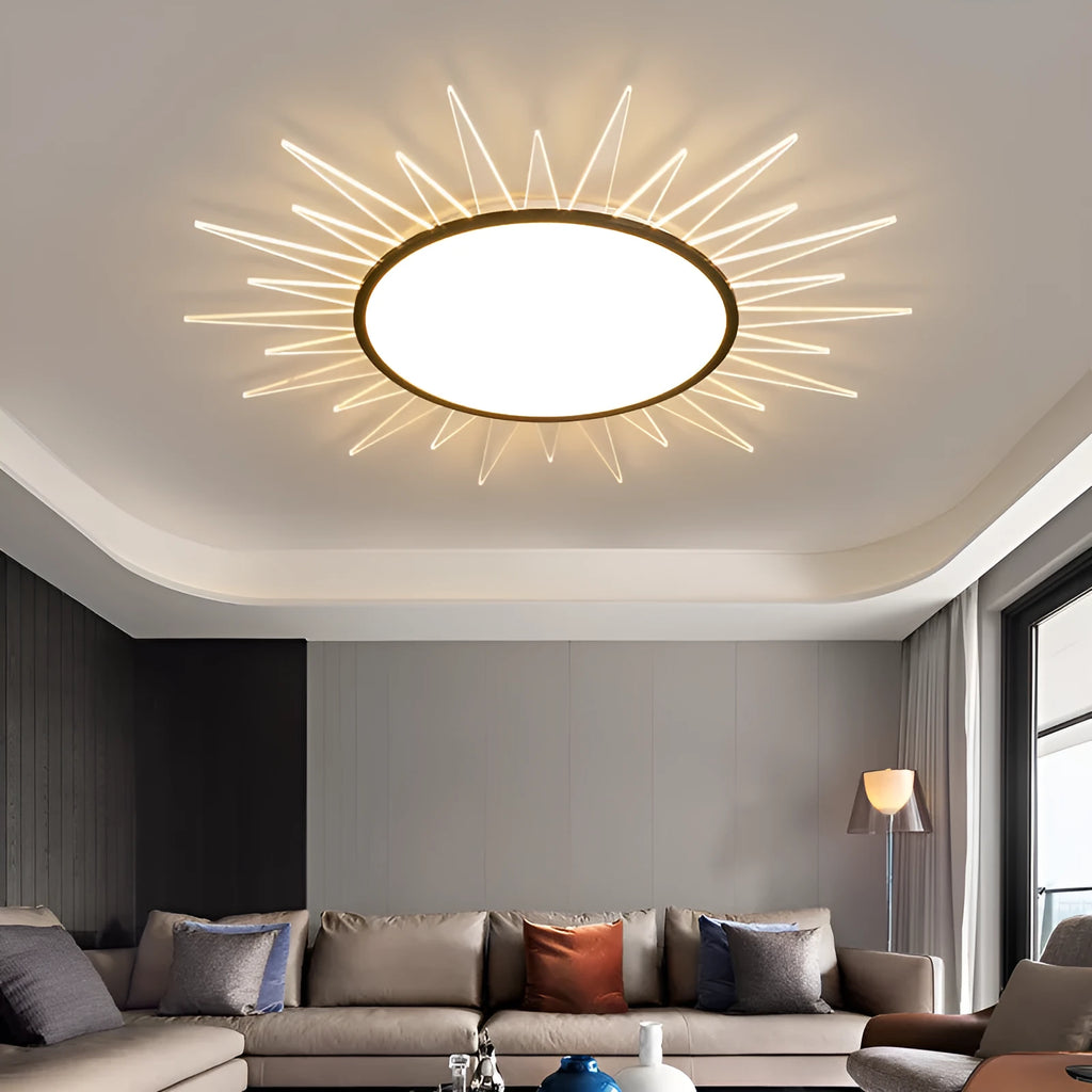 Modern round aluminium LED ceiling lamp with remote control for dimming and colour change.