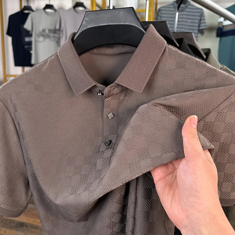 Rhombus thin Ice Silk short sleeve T-shirt with side slit detail in black, green, or brown.