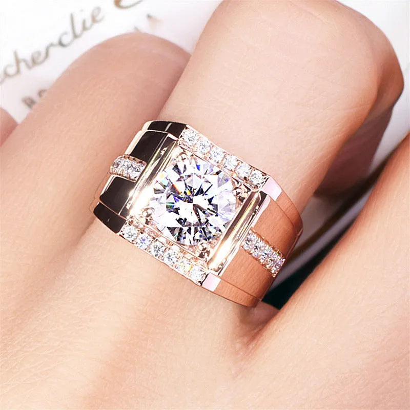 Men's adjustable copper ring with imitation moissanite stones in geometric pattern