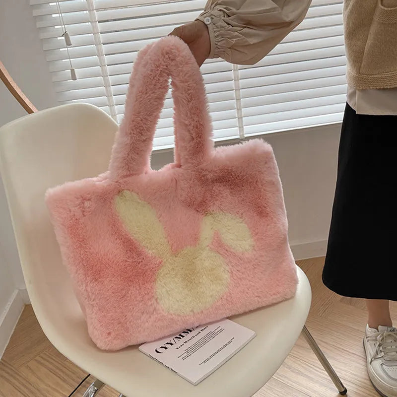 Cartoon rabbit ears plush shoulder bag in solid colour with large tote capacity
