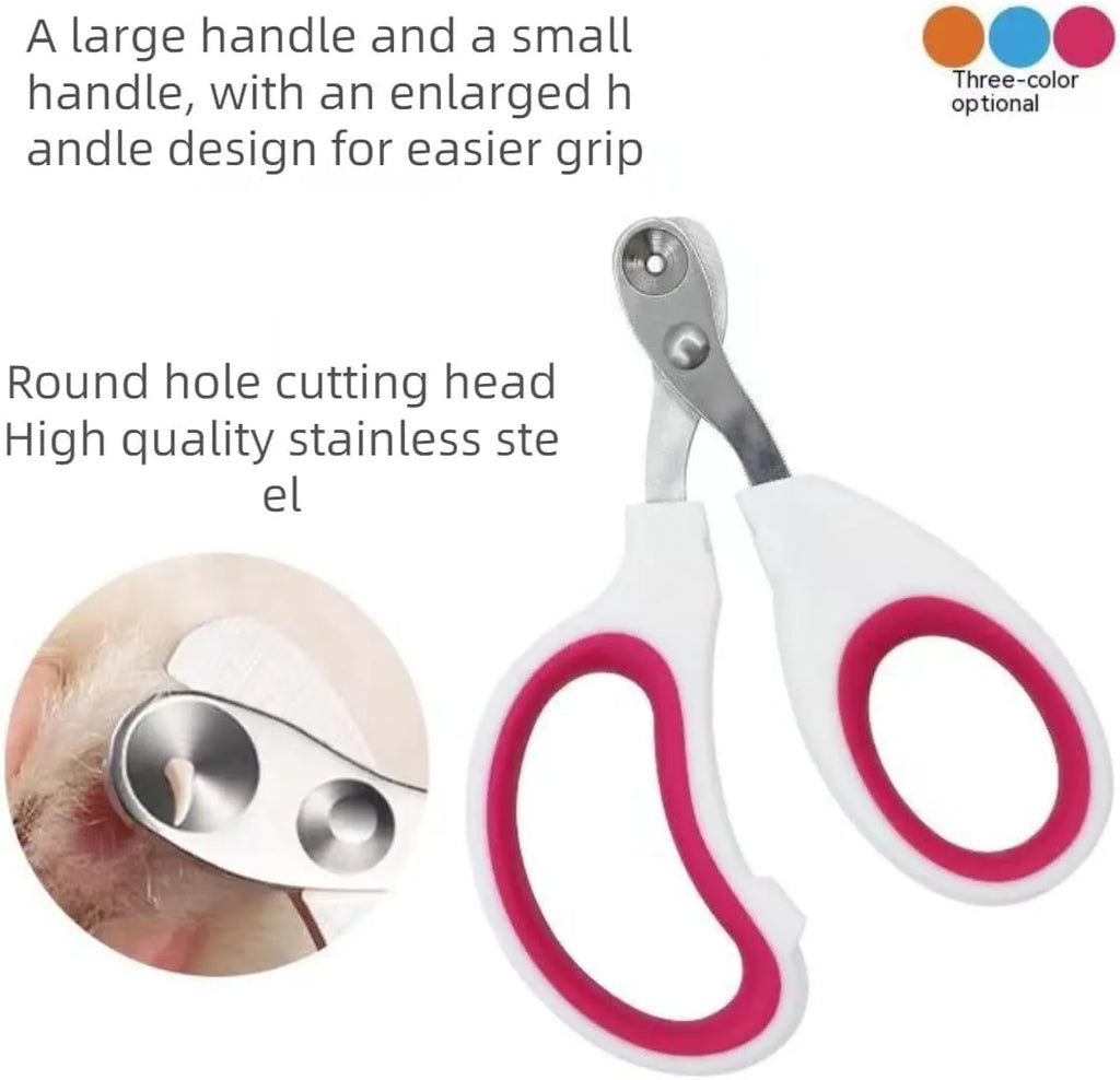 Blue cat nail clippers with a circular guide hole and non-slip grip handle on a white surface.