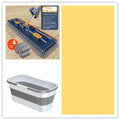 Large blue and white flat mop with a long stainless steel handle and a 360-degree rotating head on a hard floor.