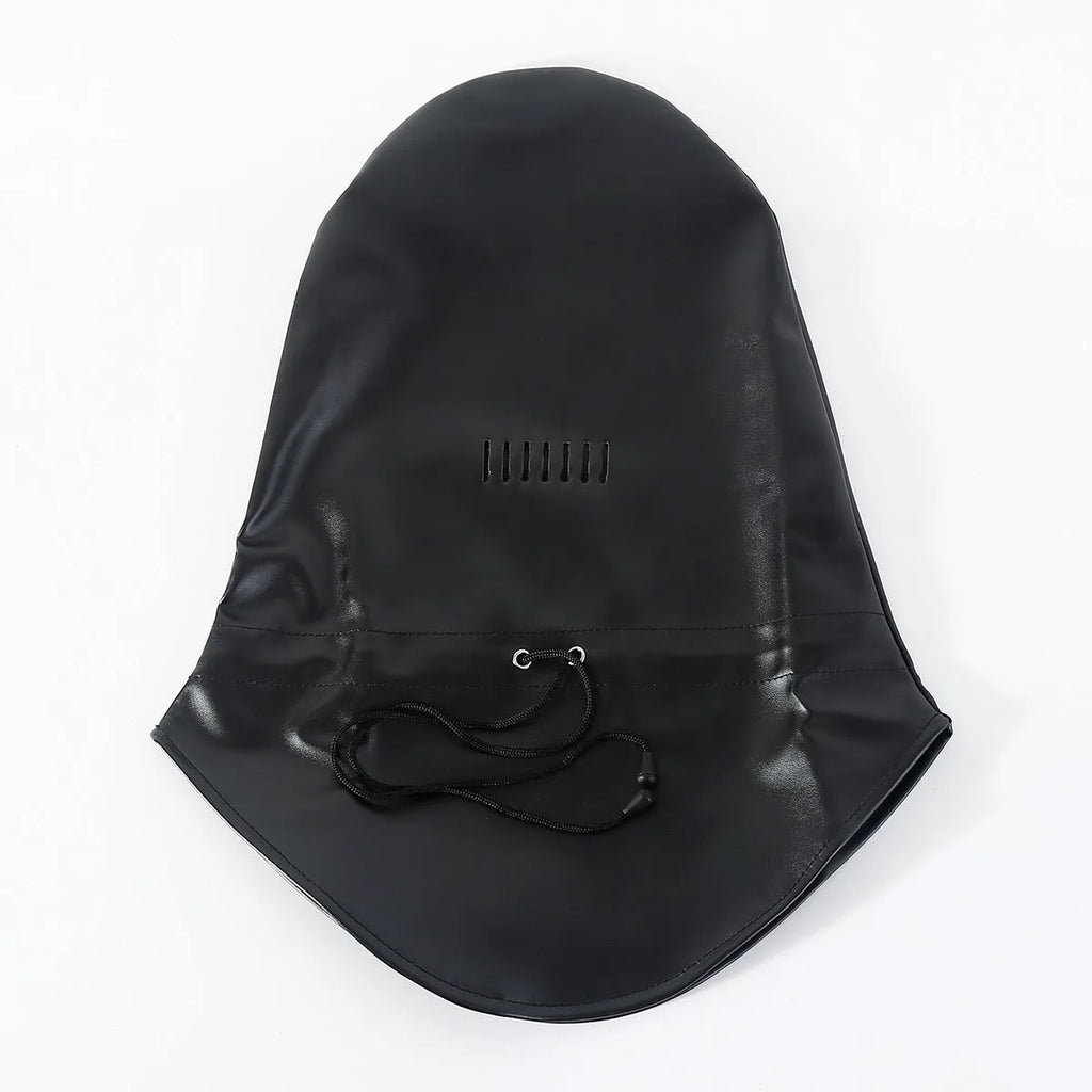 A black leather BDSM mask for adults with an adjustable strap.