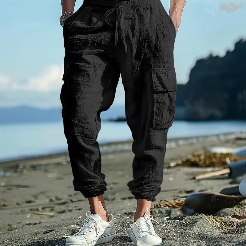 Men's linen casual trousers with ankle ties and drawstring waist in solid colour