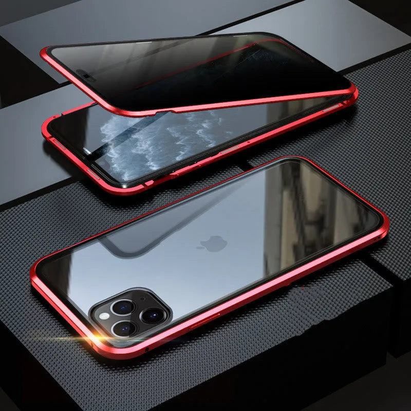 Glass anti-spy iPhone case with clamshell cover shown in black, silver, red, gold, green, and blue colour options.