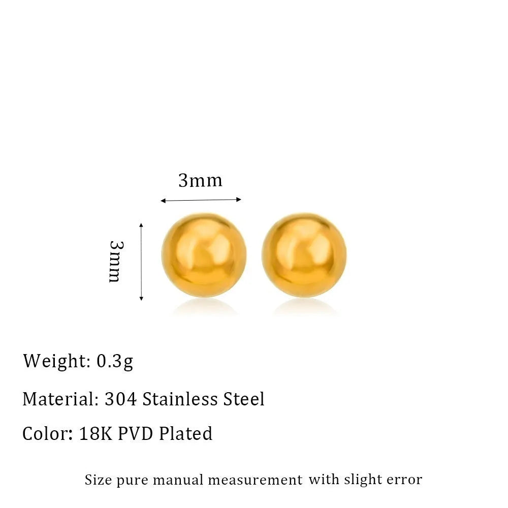 Stainless steel ball stud earrings in gold and silver tones, showing different sizes from 3mm to 6mm.
