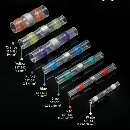 Heat shrink solder ring terminal block in multiple colours for waterproof 32A wiring connections