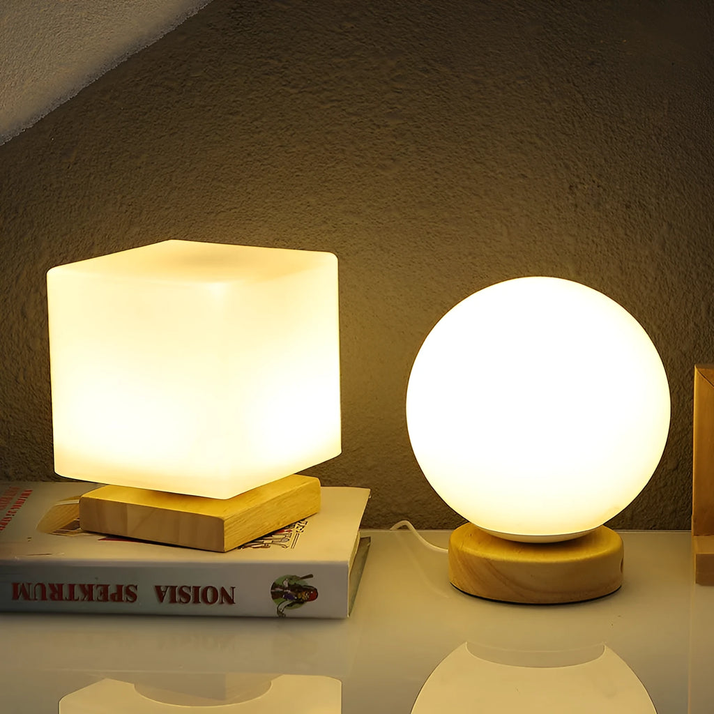 Nordic solid wood USB table lamp in white cube design with touch dimming controls