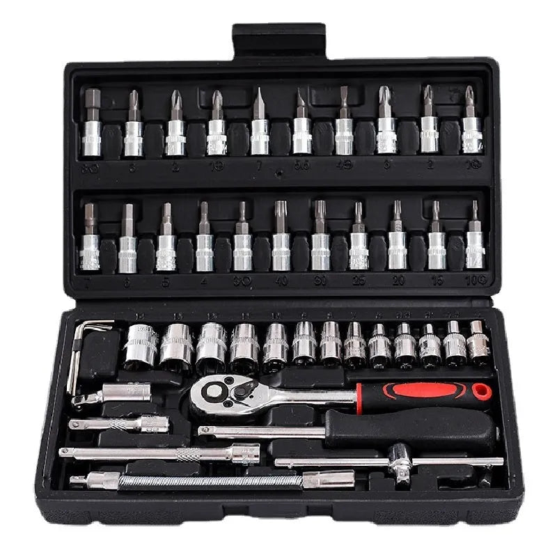 46-piece chromium vanadium steel socket ratchet wrench set in a black storage case.