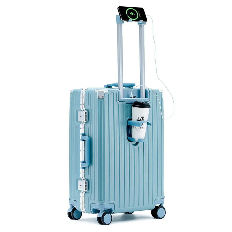 Aluminium frame luggage case in ABS PC material with universal wheels and organisational compartments