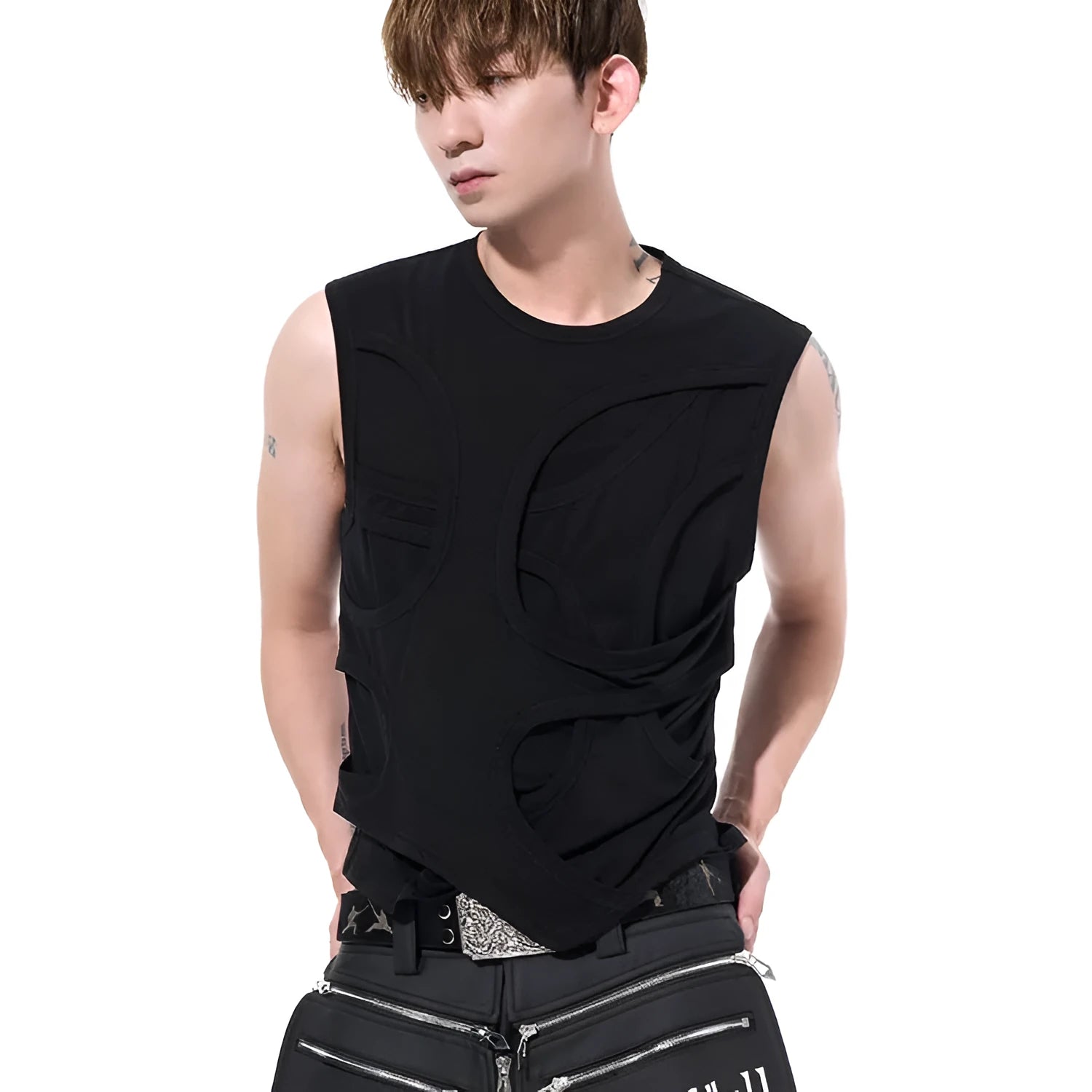 Men's solid colour short Lyocell vest with round neck, shown in black and grey.