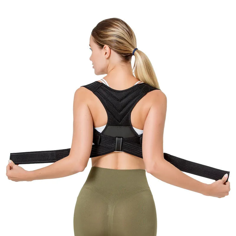 Black adjustable anti-humpback posture correction belt showing shoulder straps and upper back support design