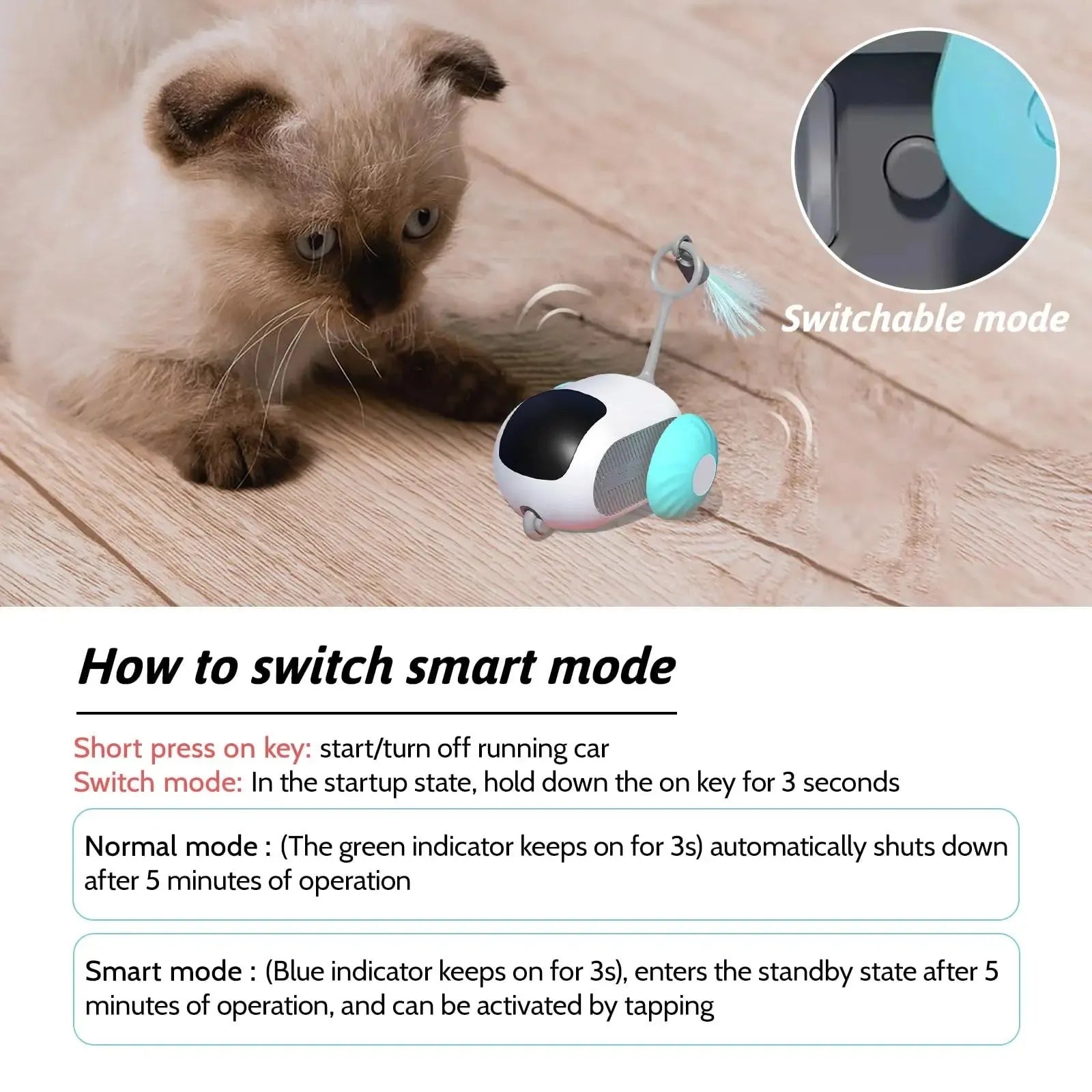Blue and orange smart cat toy car with remote control and feather teaser attachment