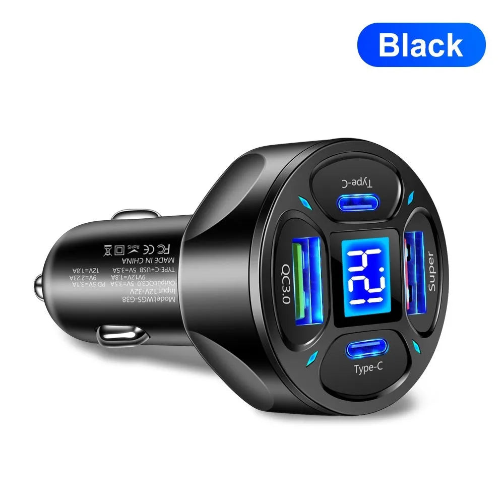 66W dual USB dual Type-C digital display car charger with compact black design
