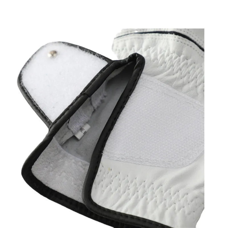 Single white men's golf glove made from breathable half sheepskin leather.