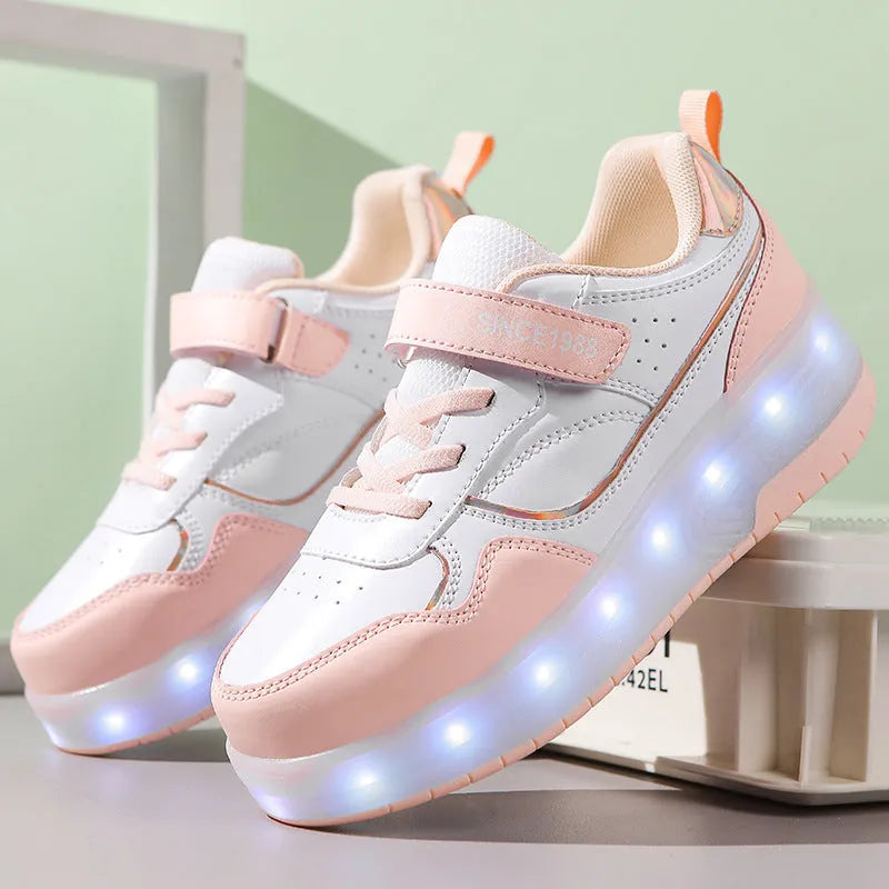Child's charging flash roller skate with illuminated LED wheels in pink, showing buckle and lace closure.