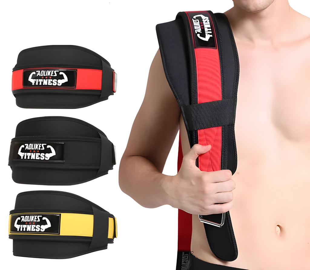 Nylon fitness weightlifting waistband for adults in black, red, or yellow on a gym background.