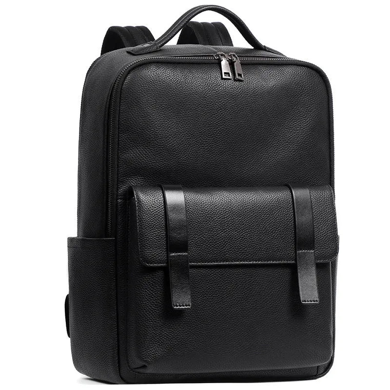 Black genuine leather men's computer backpack with large 55L capacity shown from a side angle.