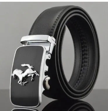 Men's black leather belt with automatic buckle mechanism measuring 3.5cm wide