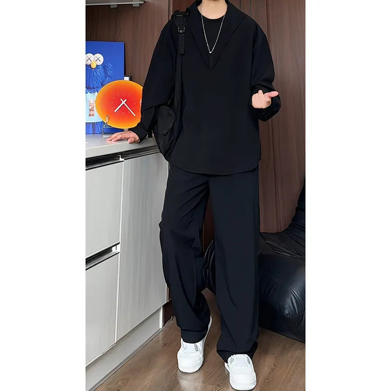Men's black hemp polo shirt and trousers two-piece casual suit in slim fit