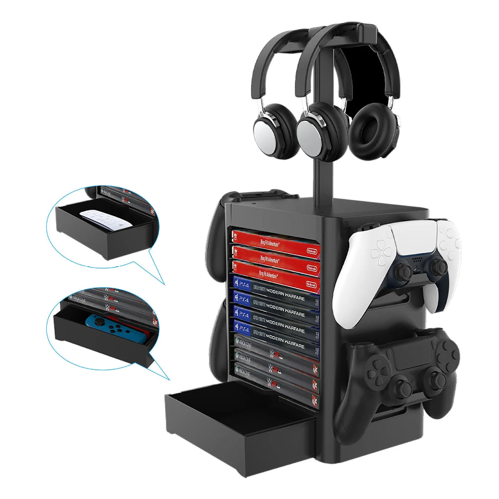 Black ABS gaming CD storage rack with headphone top, side hooks, and a pull-out drawer for accessories.