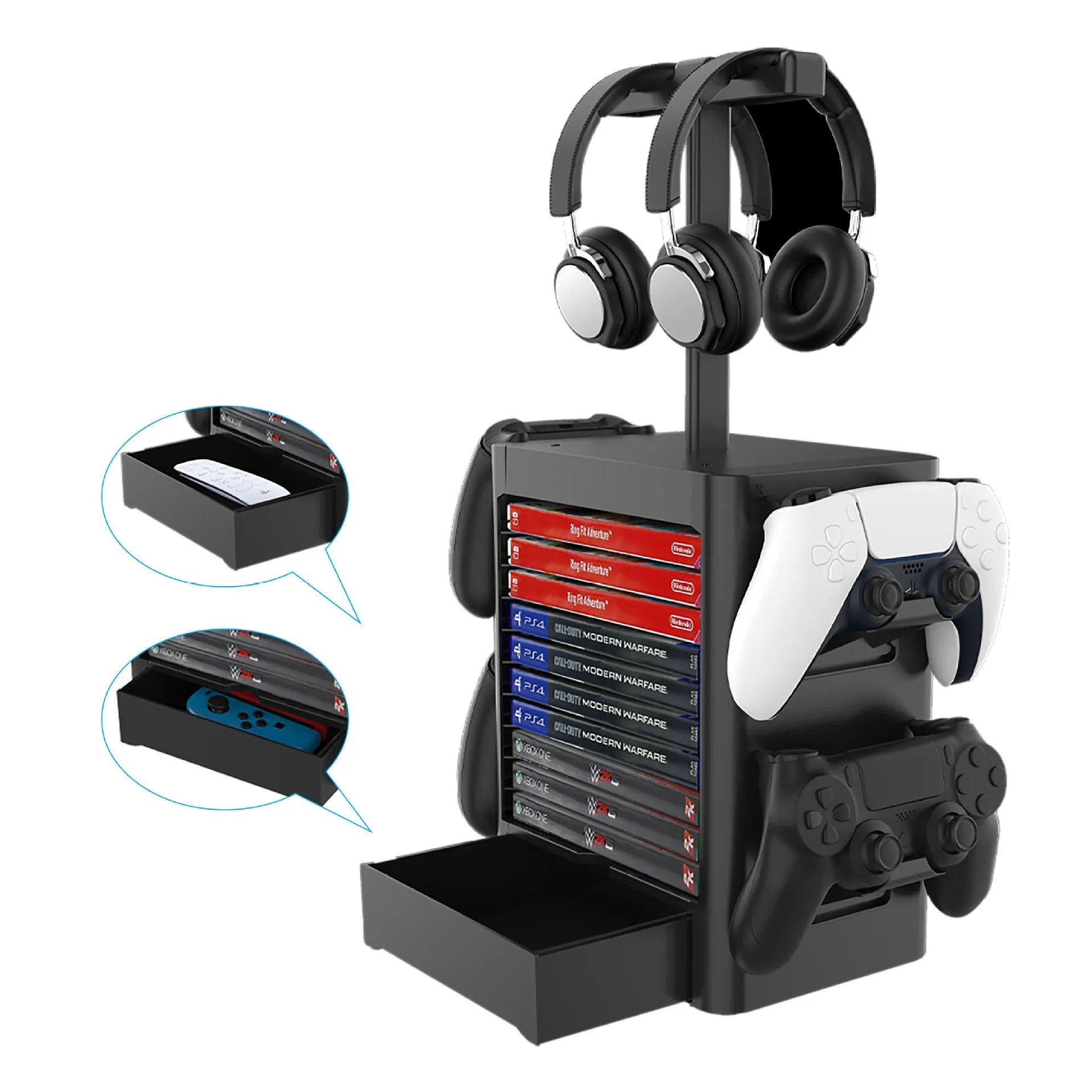 Black ABS gaming CD storage rack with headphone top, side hooks, and a pull-out drawer for accessories.