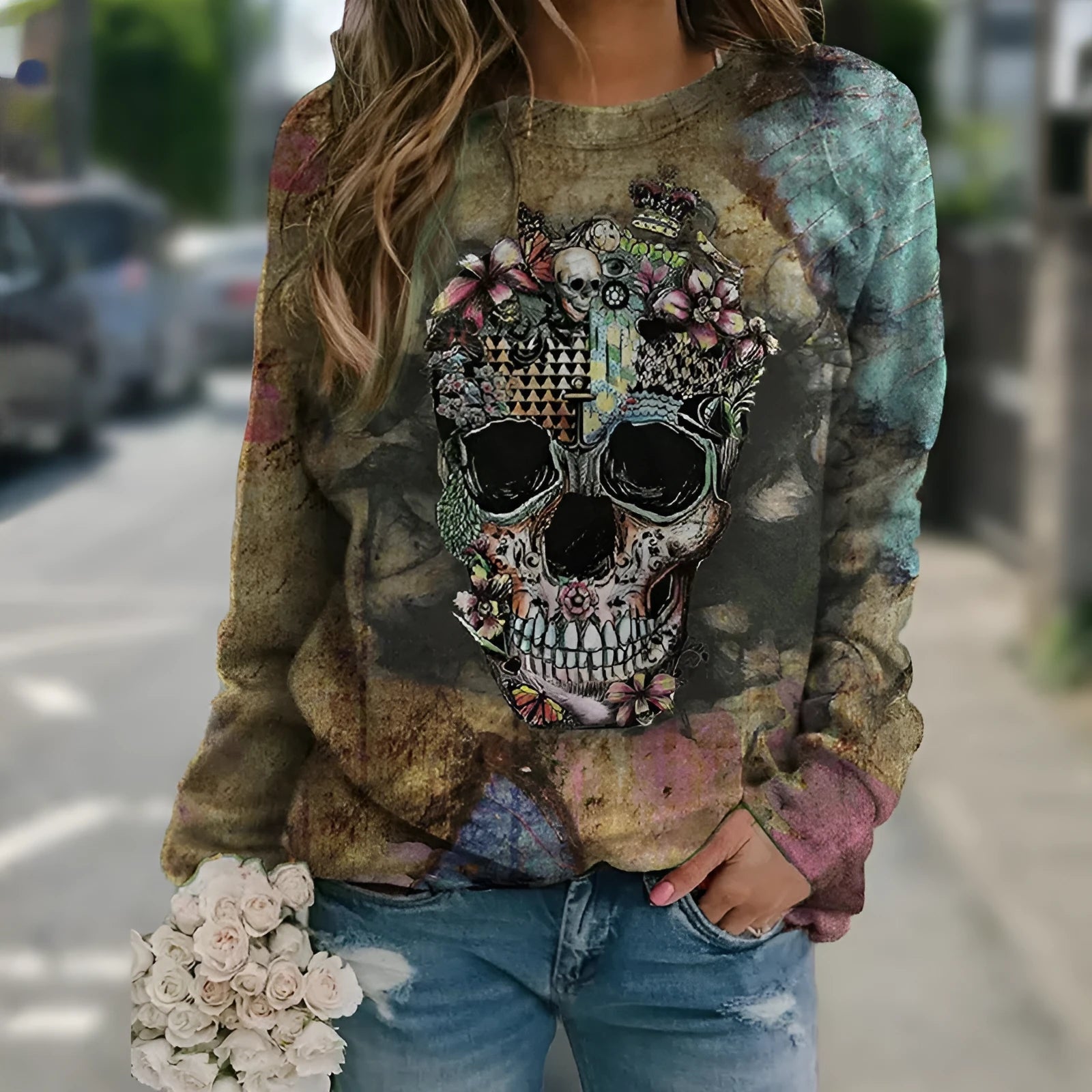 Black men's long sleeve sweatshirt with a detailed skull graphic print on the front.