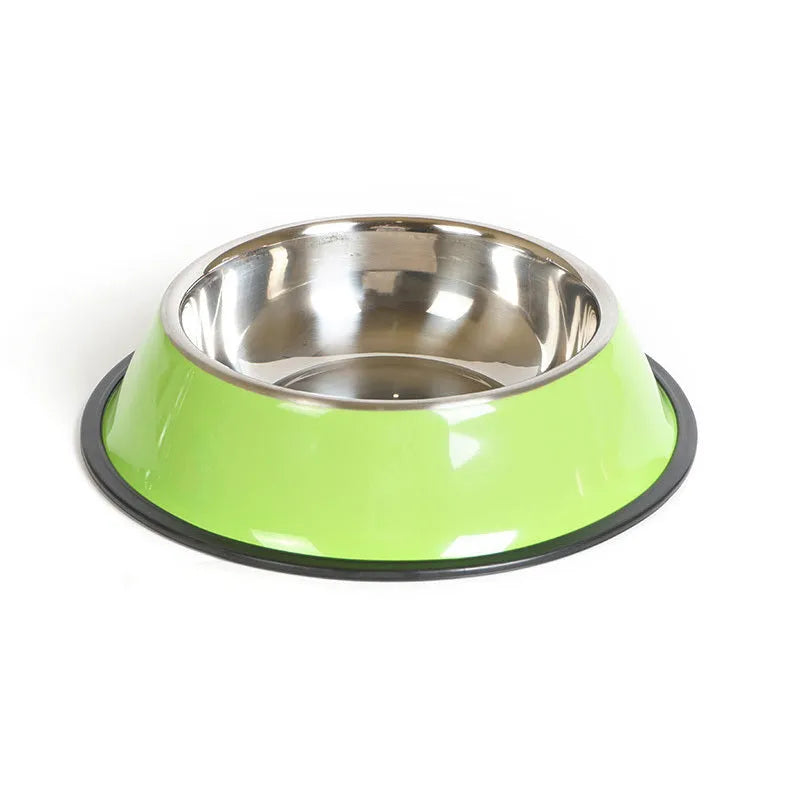Stainless steel pet feeding bowl with colourful melamine exterior and non-slip rubber base