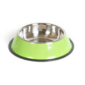 Stainless steel pet feeding bowl with colourful melamine exterior and non-slip rubber base