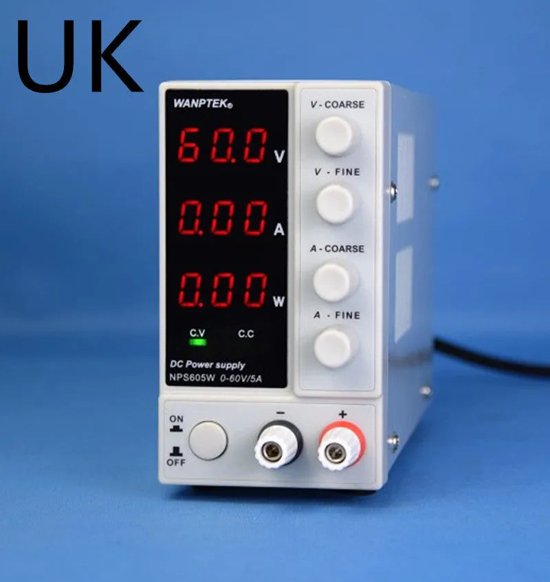 White adjustable DC bench power supply unit with control knobs and display, model NPS605W