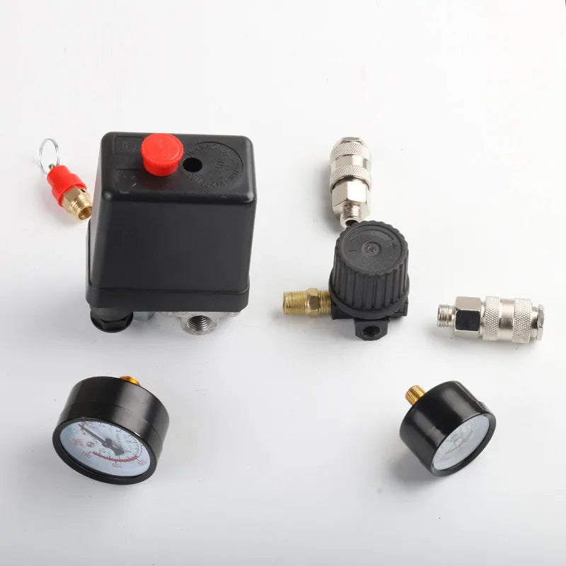 European-style air compressor pressure regulating valve with switch box showing electrical connections and pressure ports