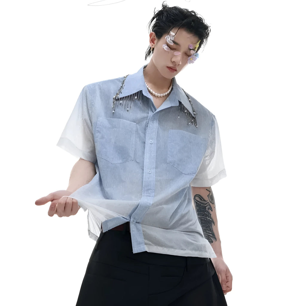 Man wearing a loose-fit gradient blue short-sleeved polyester casual shirt.