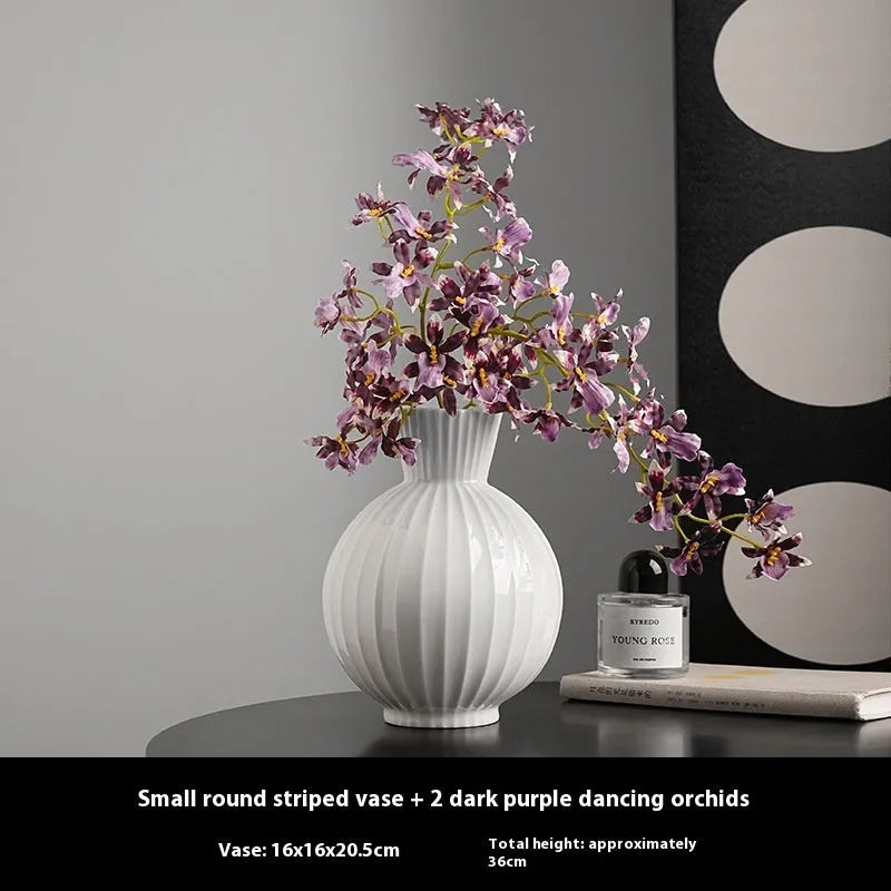 White ceramic vase with striped ball design in American country style for table decoration