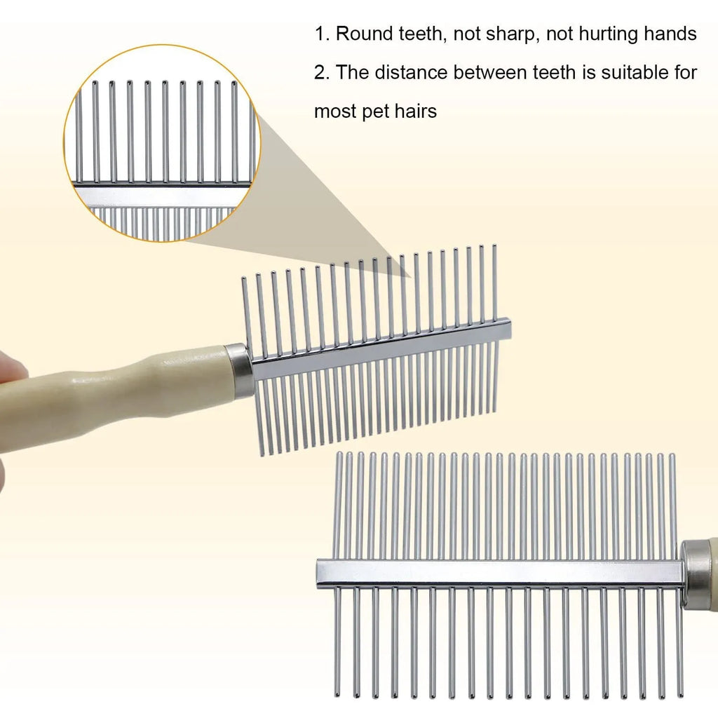 Wooden handle pet grooming comb for dogs and cats with round teeth