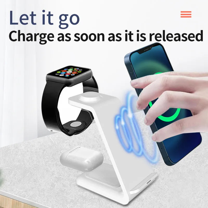 White upright wireless charging phone stand holding a mobile phone, with a black Type-C cable plugged in.
