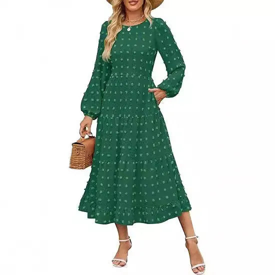 Women's long sleeve casual dress in beige with ruffle sleeves and a high waist.