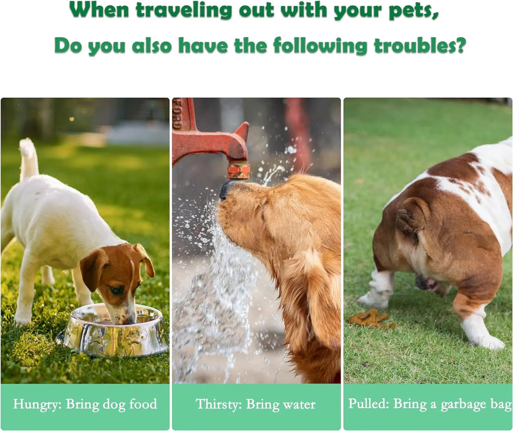 Green 3-in-1 pet water bottle with food container and waste bag dispenser for outdoor use
