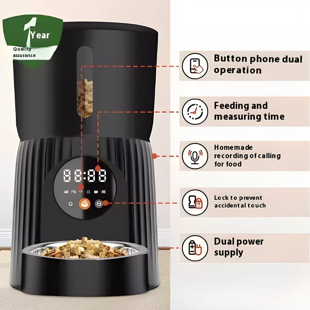 Intelligent automatic pet feeder with smartphone app remote control in black or white