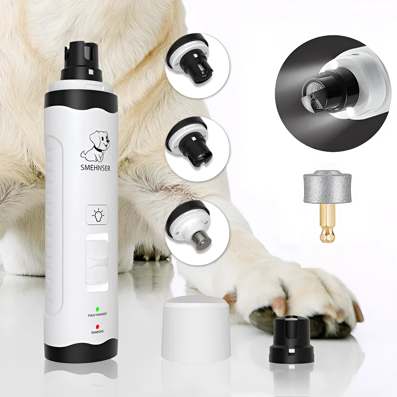 3-speed LED electric nail trimmer for dogs with dust collection system.