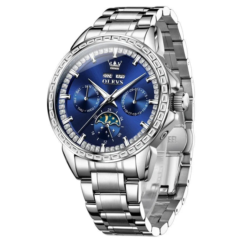 Men's automatic mechanical watch with diamond hour markers on stainless steel bracelet