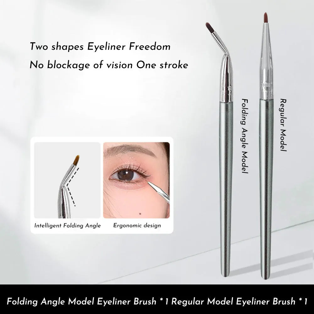 Fine bend head makeup brush for detailed eyeliner and under eye concealer application.