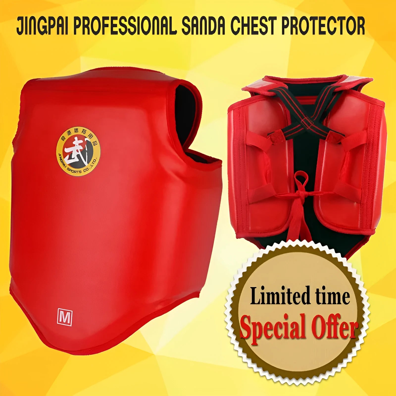 One-piece boxing chest protector in red, blue, or black, made from PU leather.