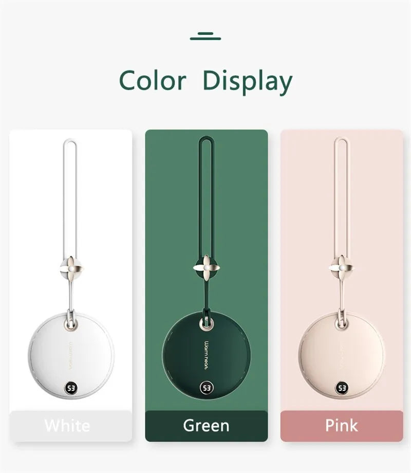Green hand warmer power bank with digital display showing battery percentage, dimensions 89.5mm
